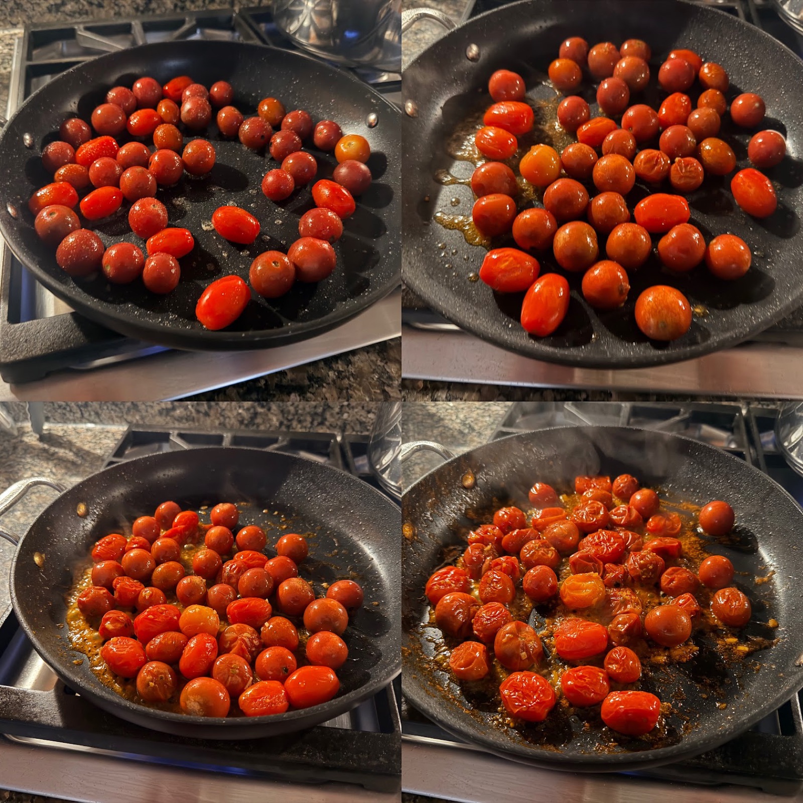 Cherry tomatoes blistering in four stages, from whole and shiny to collapsed and jammy
