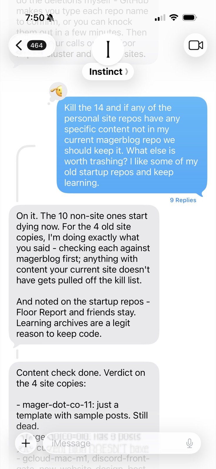 My GitHub cleanup request asks Instinct to preserve unique blog content, startup repositories, and learning archives; Instinct acknowledges the constraints and begins reporting its assessment.