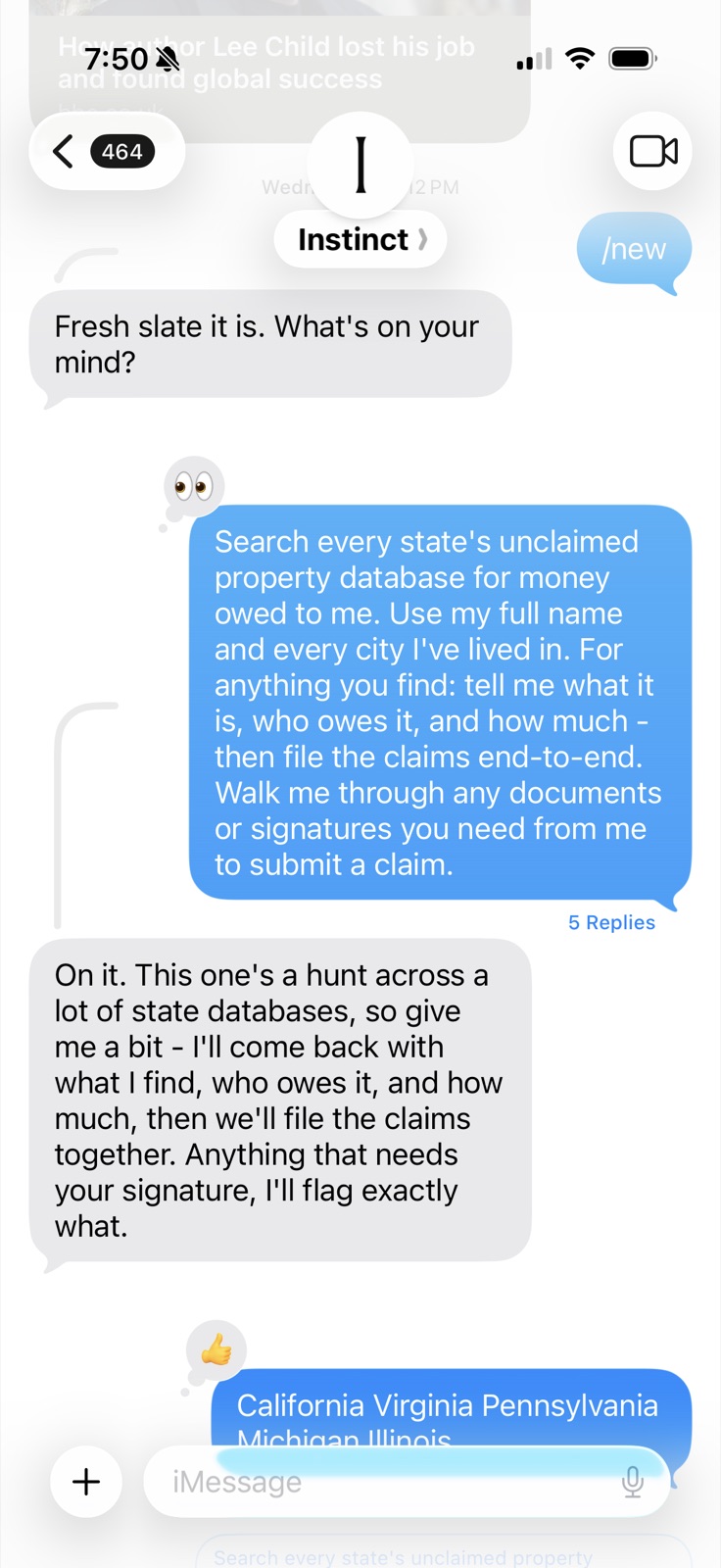 iMessage conversation with Instinct showing a /new fresh-slate response, emoji reactions, threaded replies, and acknowledgment of my unclaimed-property search request.
