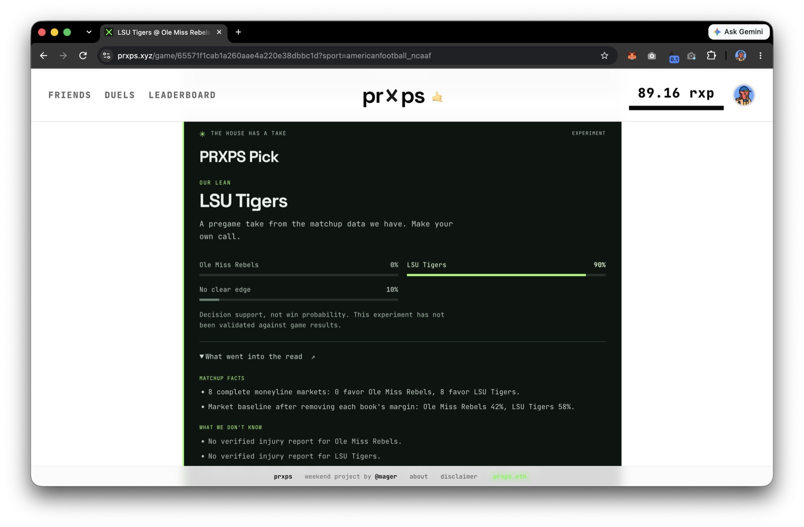 The prxps Pick production widget choosing LSU Tigers over Ole Miss Rebels with 90 percent decision support, while showing the eight-book market baseline and missing injury context.