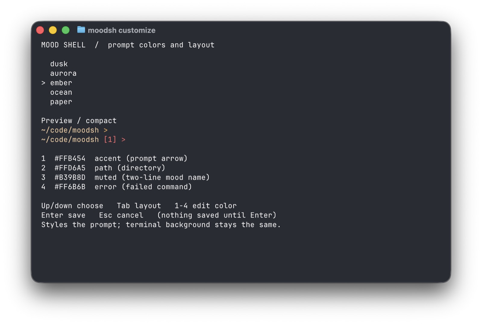 Mood Shell's interactive picker with Ember selected, warm amber prompt previews, a red failed-command status, and four editable hex colors.